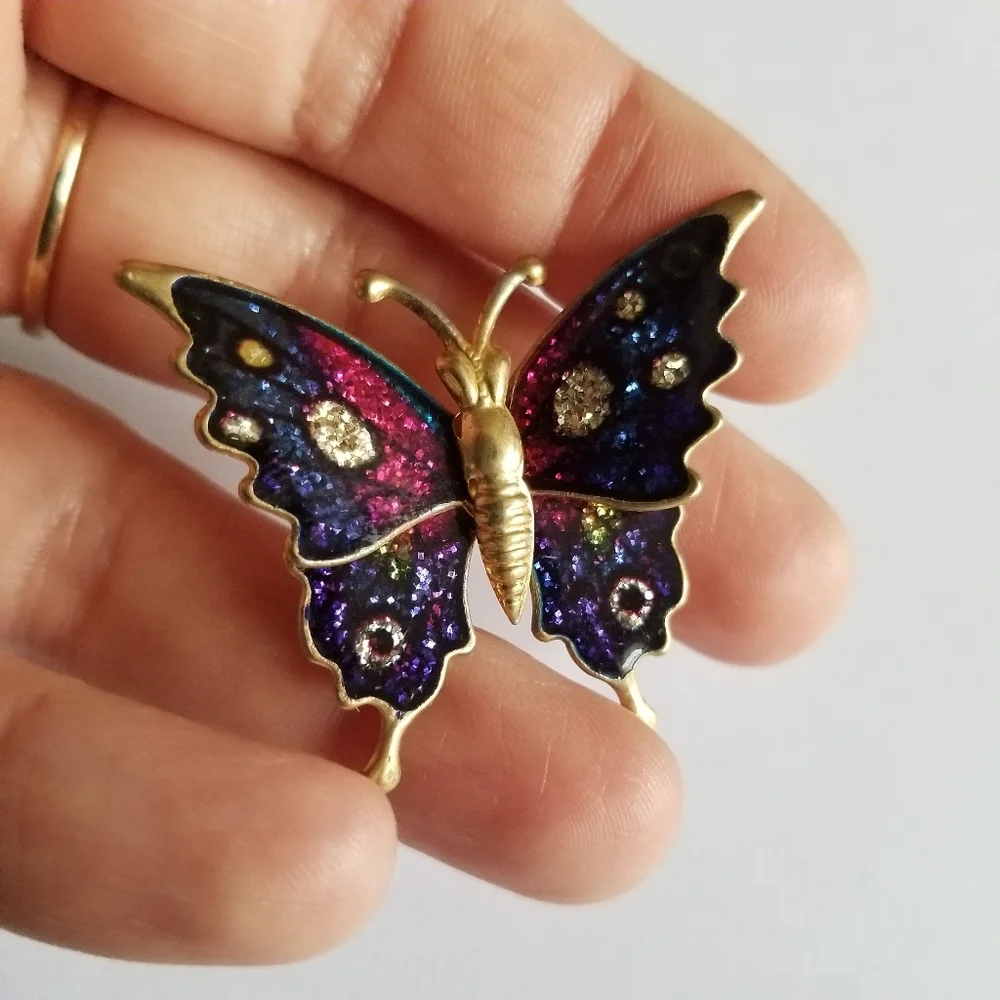 Vintage butterfly brooch glitter enamel pink purple gold tone pin moth